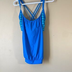 Blue and Teal Blouson Tankini Top Striped Built-In Bra Sporty Swim L
